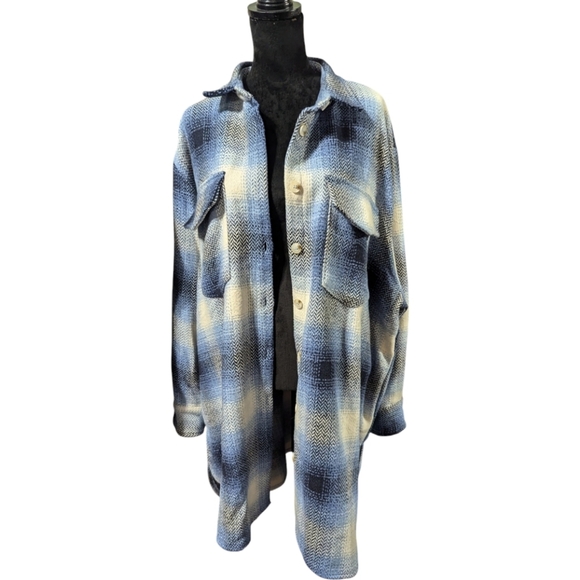 DAVI & DANI Blue/White Chevron Plaid Long Jacket/Duster Shacket - Picture 3 of 12